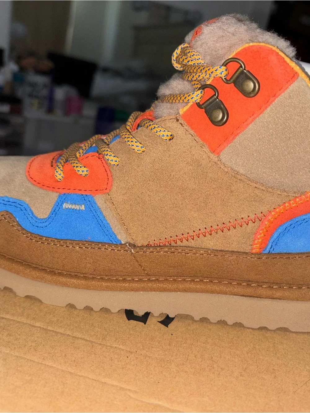 UGG Kids Brown Suede Boots with Blue & Orange Accents